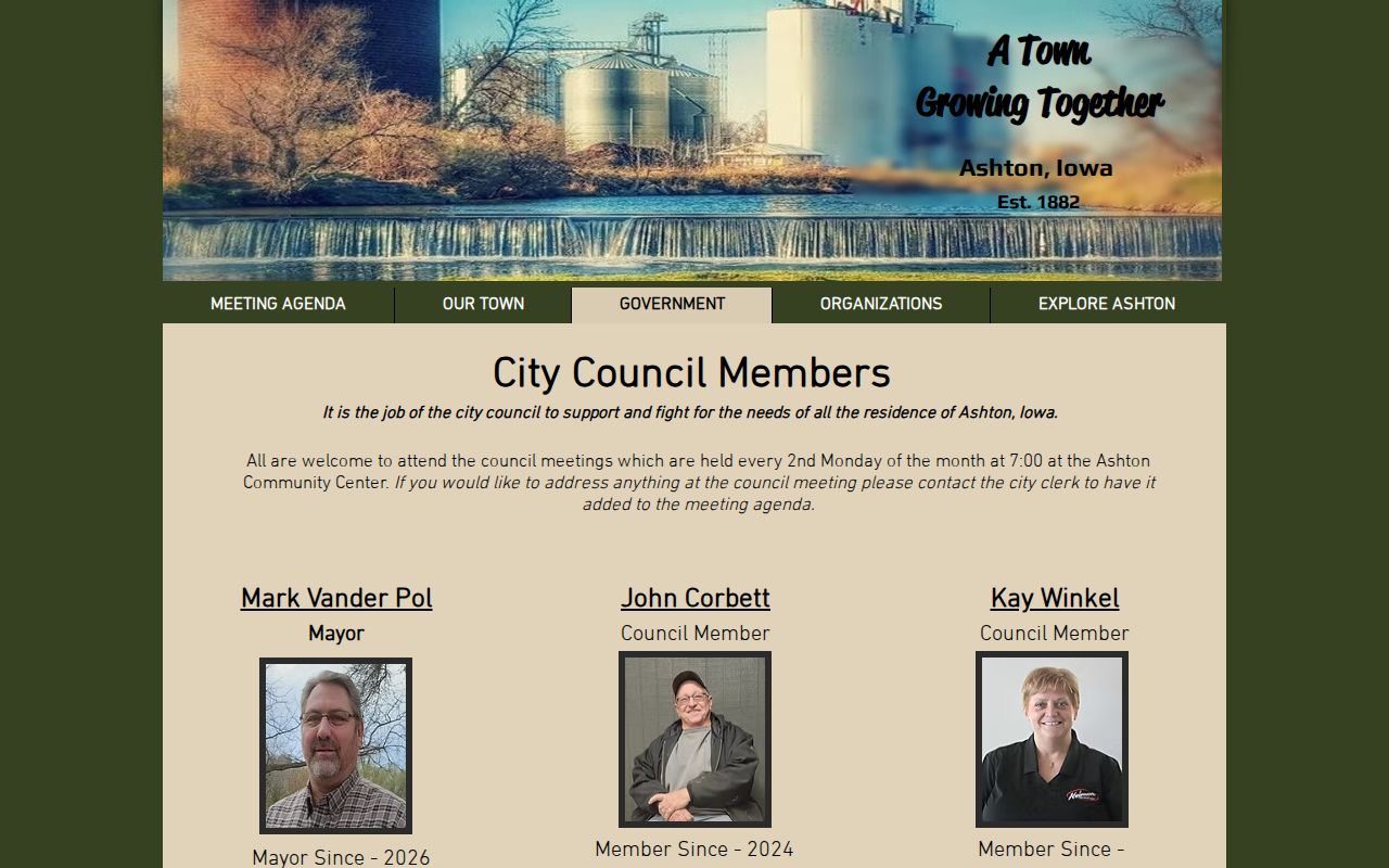 Official Ashton Iowa government page showing council and city clerk information